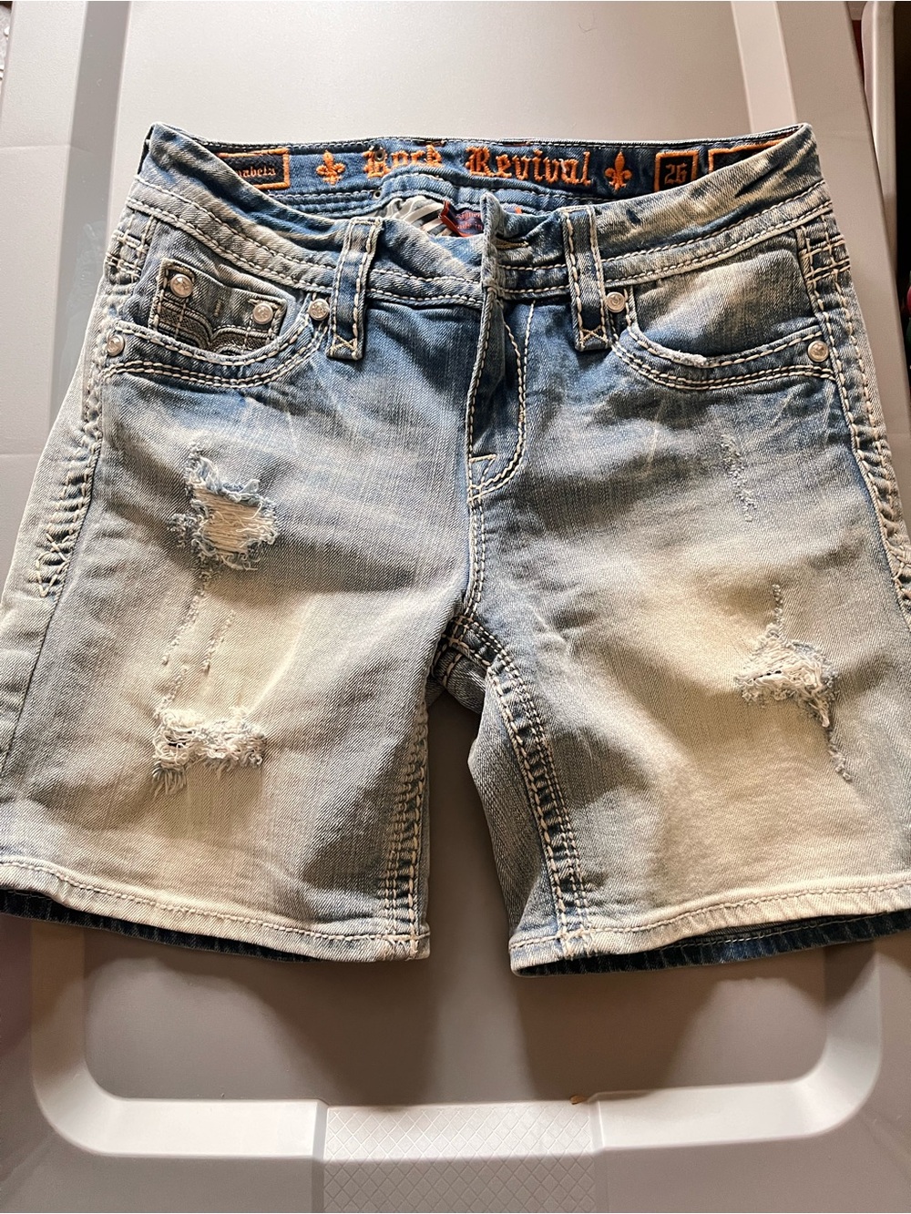 Rock Revival Light Wash Distressed Denim Long Jean Shorts Anabela